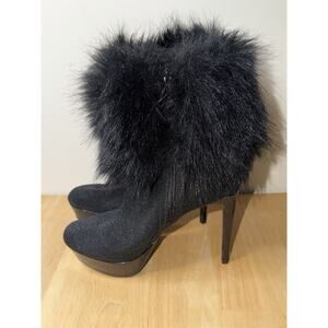 Gianni Bini Black Fur Trim Platform Ankle Boots Heels Women’s 8M EU 38